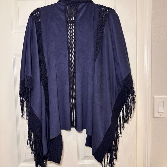 Chico's Cardigan Faux Suede Fringe Poncho Kimono Navy Blue One Size S M L XL XXL - Picture 4 of 5